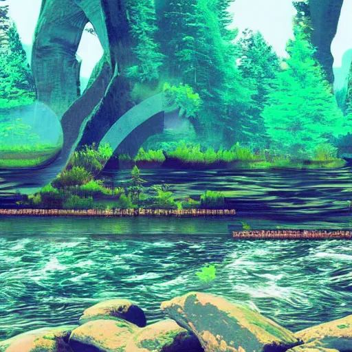 Image similar to a beautiful landscape, river, rocks, trees, glitch, glitchy, vhs