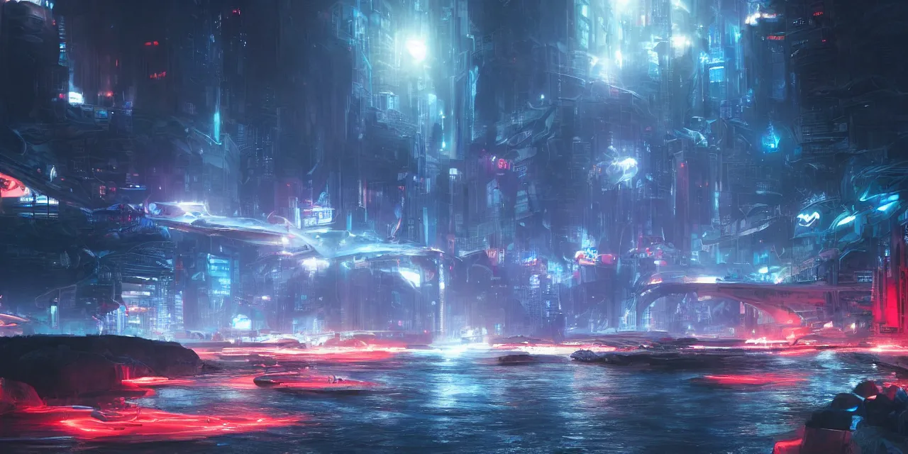 Image similar to turbulent river rapids rushing through a futuristic city at night , volumetric lighting, blue and red glowing lights, 4k, octane, digital painting, artstation, concept art, sharp focus, illustration, high contrast, high saturation , cinematic film still, by artgerm and greg rutkowski