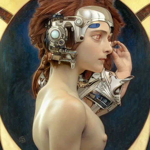 Prompt: Masterpiece portrait of battle angel Alita drawn by Donato Giancola and Tom Bagshaw, face by Artgerm and Edmund Leighton, Alphonse Mucha, background by James Jean and Gustav Klimt, 4k, robotic body, porcelain skin, komorebi, french nouveau, trending on pixiv, octane render, hyperrealistic
