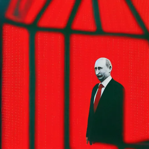 Prompt: in the style of gottfried helnwein. a smiling vladimir putin in red light. from above. shallow focus.