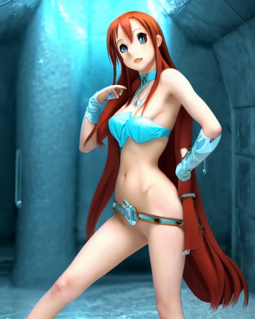 Image similar to pinup photo of asuna from sao in ice dungeon, asuna by a - 1 pictures, by gil elvgren, glossy skin, pearlescent, anime, very coherent, maxim magazine, 3 d, vray, unreal 5, octave rendey, maya