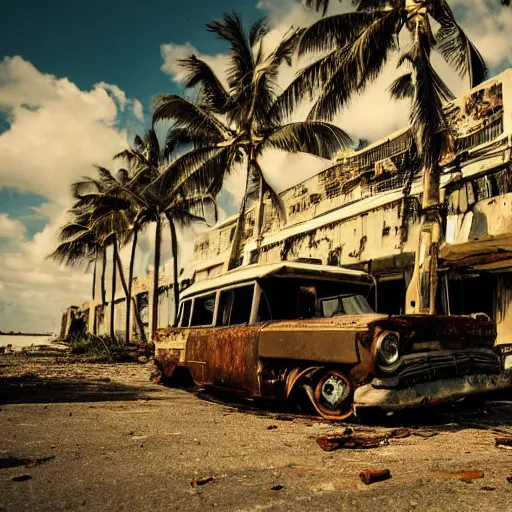 Image similar to wide angle shot of dilapidated fallout 5 miami, tropical coastal city, desolate, dilapidated, just a rusted retro futuristic vintage parked vehicles like cars, buses, trucks, trams, sunny weather, few clouds, volumetric lighting, photorealistic, daytime, spring, 4 0 0 0 k sharp focus, ultra detailed