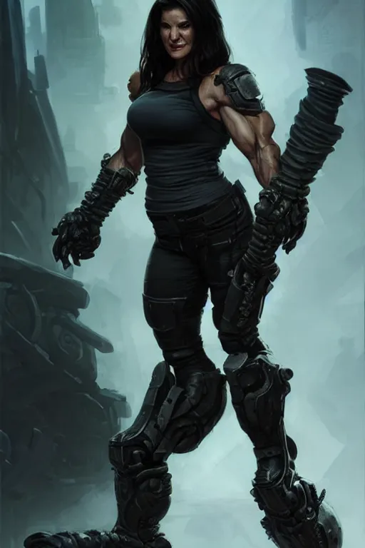 Image similar to gina carano as an ork with prothesis metallic left arm, casual black clothing, muscular, realistic proportions, casual pose, large portrait, sci - fi, shadowrun, rpg character, digital painting, artstation, concept art, smooth, 8 k frostbite 3 engine, ultra detailed, art by artgerm and greg rutkowski and magali villeneuve