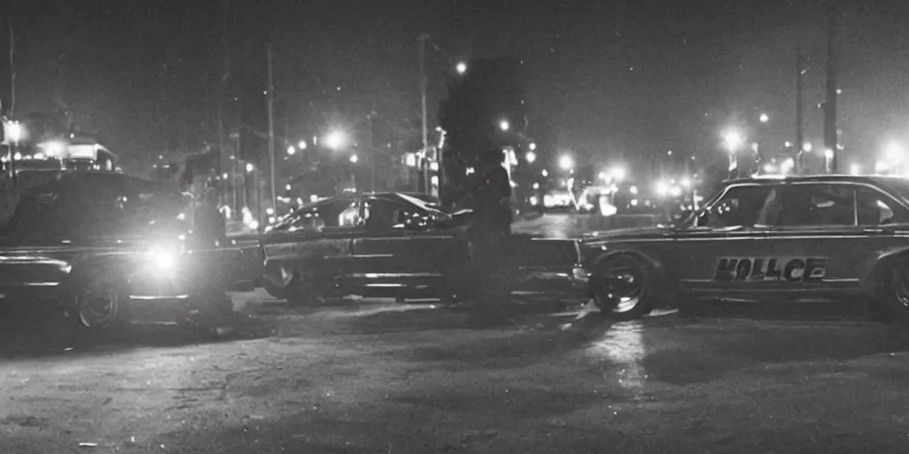 Image similar to film still of a car waiting in the night with two cops in it