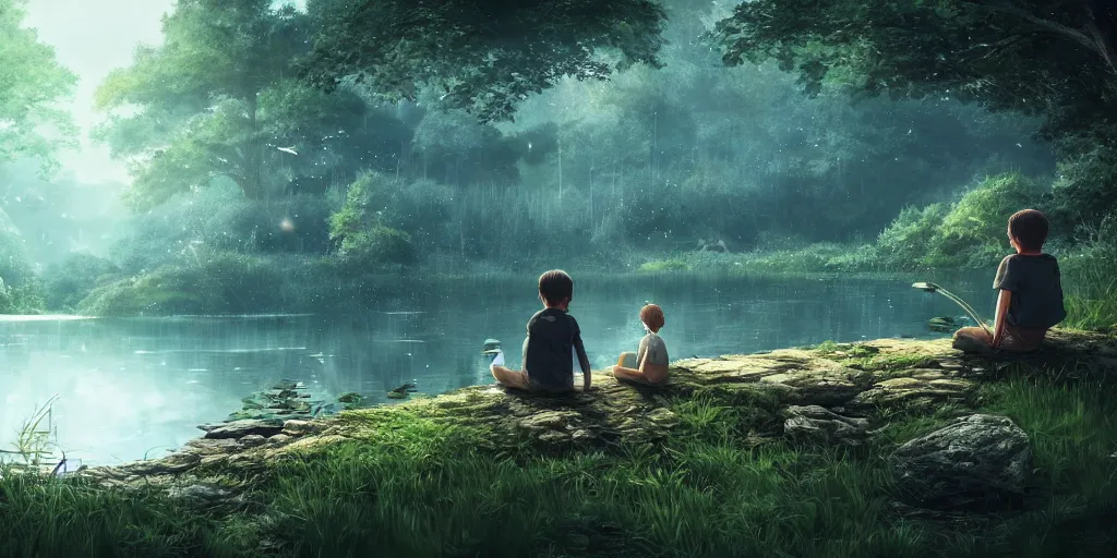 Image similar to a big silver dragon and a boy sitting next to lake in forest, many fireflys, at night, concept art, dof, cryengine, digital art, detailed background, makoto shinkai