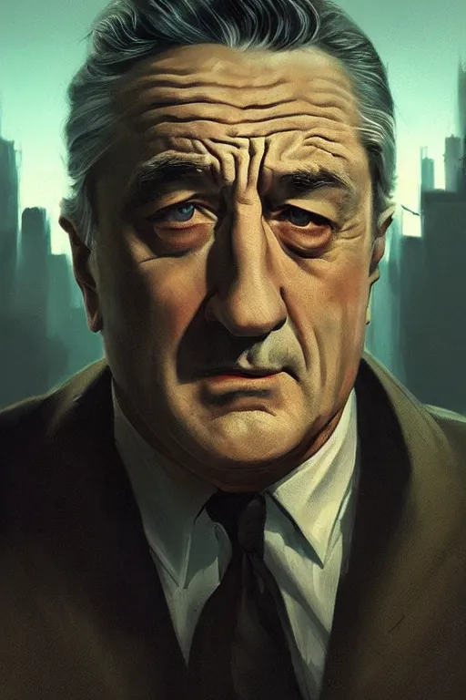 Image similar to portrait of Robert de niro as noir detective, Single face, dramatic lighting, cinematic, establishing shot, extremly high detail, photo realistic, cinematic lighting, post processed, concept art, artstation, matte painting, style by eddie mendoza, raphael lacoste, alex ross