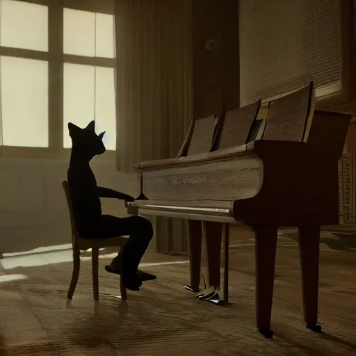 Prompt: atmospheric screenshot of a cat playing on piano in call of duty, 4k