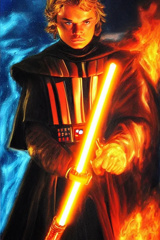 Image similar to anakin skywalker emerging from a ocean of flames. he is wearing darth vader's suit. he has a lightsaber in his right hands and clenches the left hand as a fist. detailed portrait. photorealistic. digital oil painting. visible brushstrokes