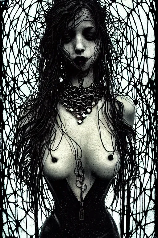 Image similar to dreamy gothic girl, black leather slim clothes, chains, underwater, beautiful body, detailed acrylic, grunge, intricate complexity, by dan mumford and by alberto giacometti, peter lindbergh