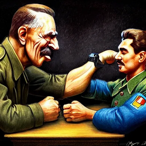 Prompt: picture of ( ( arm wrestling between young vladimit putin and old iosif stalin ) ) in apocalyptic russia, hyperrealistic, digital concept art,, caricature illustration, art by gaston bussiere