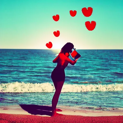 Image similar to “a silhouette of a woman on a beach taking a selfie with lots of hearts in the air photorealistic ”