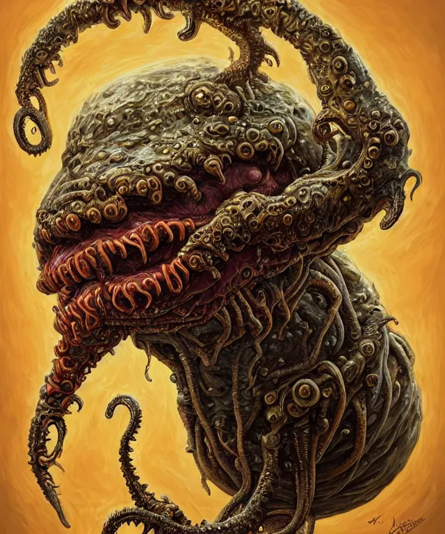 Image similar to hziulquoigmnzhah, large mouth with teeth, head dangling underneath body!!!!, spherical body, elongated arms, short legs, lovecraftian horror!, surrealism, fantasy, intricate, elegant, highly detailed, digital painting, artstation, concept art, matte, sharp focus, illustration, art by keith thompson and christopher lane