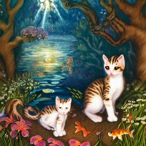 Image similar to two kittens in the enchanted forest watching the goldfish in the stream, fantasy, intricate, extremely detailed, matte, artstation, art by artgerm, louis wain