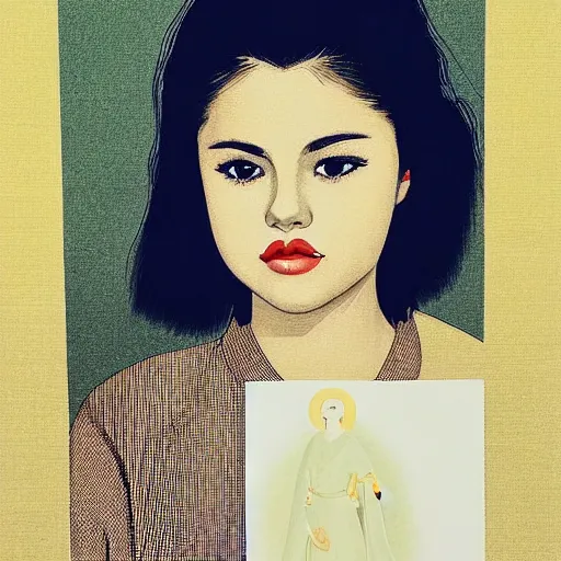 Image similar to “ selena gomez portrait by ikenaga yasunari and ayana otake and ko rakusui, 6 0 s poster, drawing, realistic, sharp focus, japanese, dreamy, nostalgia, faded, golden hues, floral clothes ”