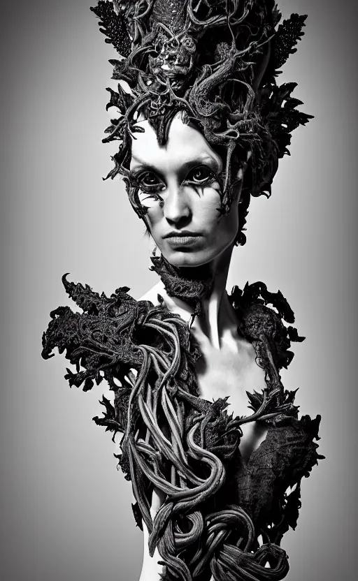 Image similar to dark background, a black and white high quality dreamy photo of a young beautiful female queen-vegetal-dragon-cyborg bust with a very long neck and delicate Mandelbrot fractal face, anatomical, facial muscles, veins, arteries, elegant, highly detailed, flesh highly baroque ornate, hair are curled wired cables, elegant, poetic, dreamy, mysterious, high fashion, rim light, in the style of Ellen von Unwerth, Realistic, Refined, Digital Art, Highly Detailed, Cinematic Lighting, rim light, black and white, photo-realistic, 8K