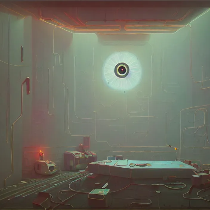 Image similar to inside a room eye of providence Lain Tomas Sanchez surrealism Simon Stålenhag