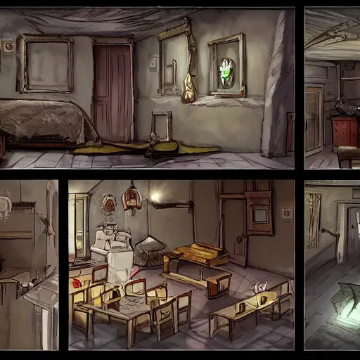 Prompt: the 6 th room in the inn, insane events, degenerate content, concept art