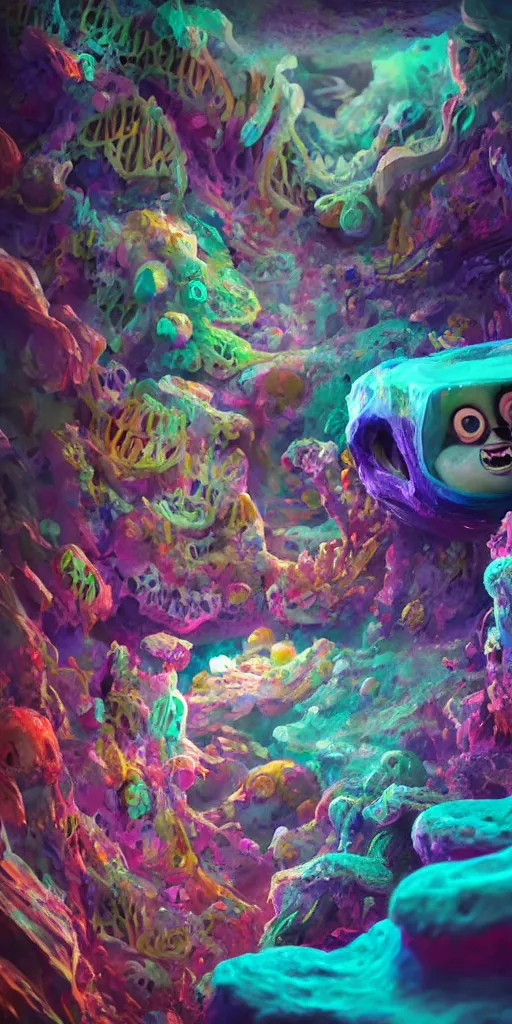 Image similar to of a colorful deep sea cave with strange cute friendly happy creatures with huge eyes, mouth, long tongue and round teeth appearing from sandy coral, in the style of gehry and gaudi, macro lens, shallow depth of field, ultra detailed, digital painting, trending artstation, concept art, illustration, cinematic lighting, photorealism, epic, octane render