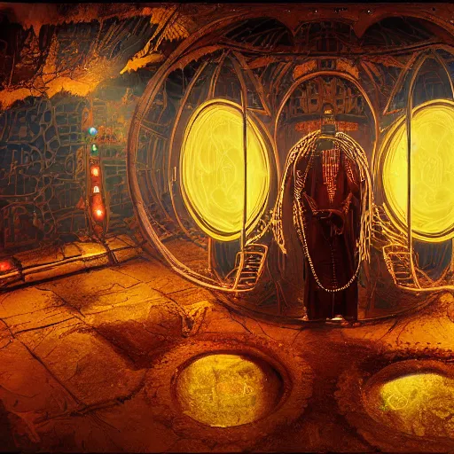 Image similar to symmetry!! a dogon priest opening a steampunk neon portal in the lost realm, with a single glowing hut in the void, by machina infinitum and android jones, surreal psychedelic portrait style, dim lit, rim light, intricate and detailed environment, radiant lighting