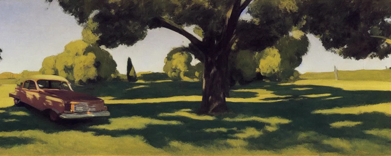 Prompt: car parked in the shade under a tree, edward hopper