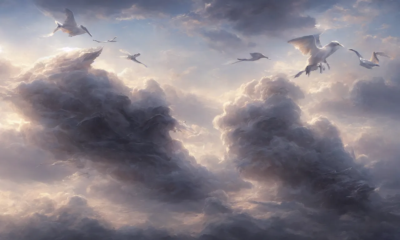 Image similar to a beautiful digital painting of a white ship merged in the clouds, birds flying in the sunlight, intircated tumultuous clouds, blue sky at sunset, elegant, highly detailed, artstation, concept art, matte, sharp focus, art by tom bagshaw, kelogsloops and greg rutkowski