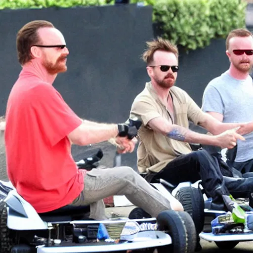 Image similar to paparazzi photo Bryan Cranston and Aaron Paul in go karts, Breaking Bad, candid