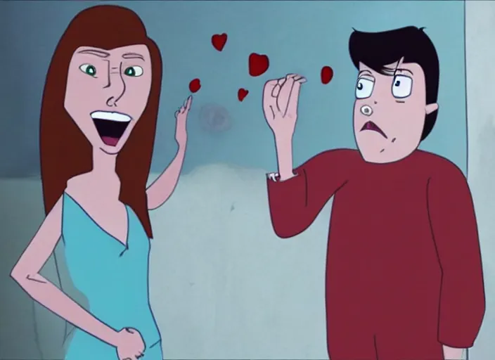 Image similar to still from animated horror movie, animated movie shot, love in denial