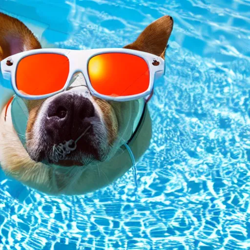 Prompt: dog wearing sunglasses relaxing in a pool floater