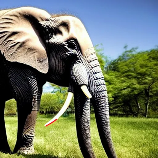 Image similar to an elephant is drinking from a straw into a can of red bull that is 4 0 feet tall