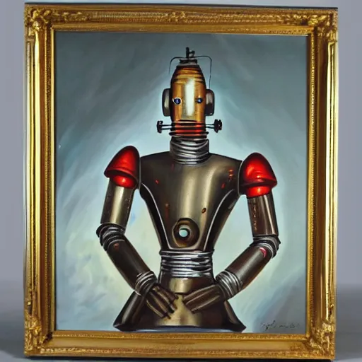 Prompt: oil painting portrait of a steel robot wearing 1 8 th century aristocratic clothing, elegant,