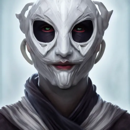 Image similar to a hyper realistic and detailed portrait of zum the planeswalker wearing a full face white marble mask, focus on face, mystic, mysterious, merchant collector, 8k, no skin, black eyes, trending on artstation, masterpiece