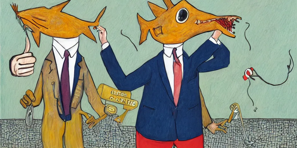 Image similar to an anthropomorphic catfish wearing a suit giving a thumbs up, by lisa hanawalt, by wanda gag