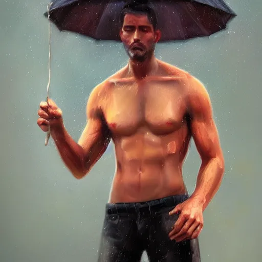 Image similar to a beautiful toned man in the rain, aesthetic, oil painting, pale colors, high detail, 8 k, wide angle, trending on artstation,