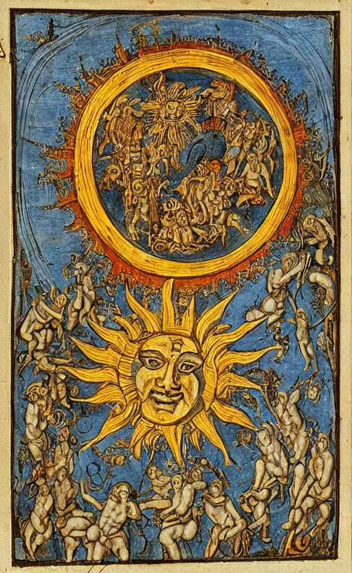 Prompt: an extremely detailed manuscript depicting a monstrous image of the god apollo transforming into a stylized sun, medieval, renaissance, manuscript, woodcut, in the style of albrecht durer, alchemical symbols