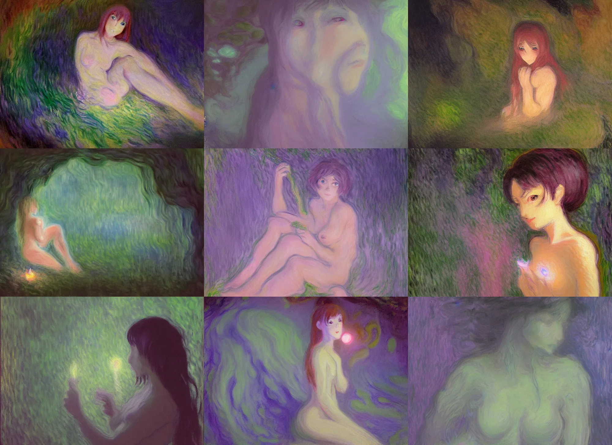 Prompt: weird fleshy slimy wretched anime girl creature in a dark cave, torchlight, impressionist painting, claude monet, pale pastel colours, dreamy hazy