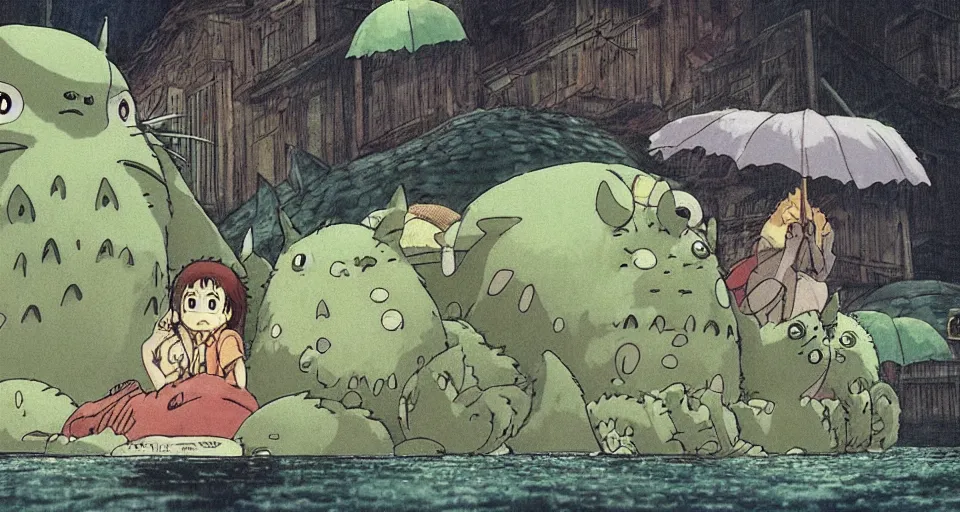 Image similar to Japanese Anime movie, A scene from a Ghibli movie, Totoro looking like Cthulhu.