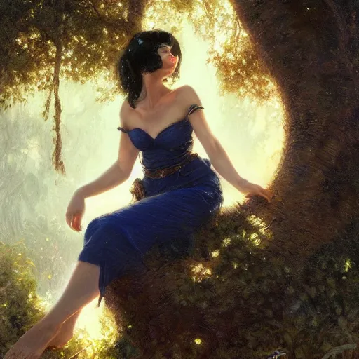 Image similar to portrait of a strong woman resting on a large tree, short black hair, thoughtful experssion, minimal dark blue clothing, sharp focus, ultra realistic digital painting, colorful, backlit, high fantasy, intricate, highly detailed, smooth, elegant, gaston bussiere, bayard wu, greg rutkowski