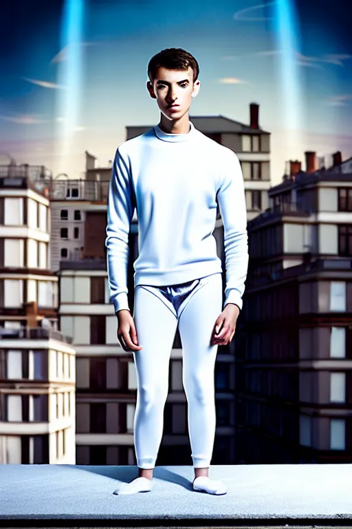 Image similar to un ultra high definition studio quality photographic art portrait of a young man standing on the rooftop of a british apartment building wearing soft padded silver pearlescent clothing. three point light. extremely detailed. golden ratio, ray tracing, volumetric light, shallow depth of field. set dressed.