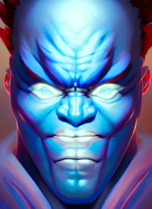 Image similar to symmetry!! portrait of blue akuma, street fighter, global illumination!! intricate, elegant, highly detailed, digital painting, artstation, concept art, smooth, sharp focus, illustration, art by artgerm and greg rutkowski and alphonse mucha