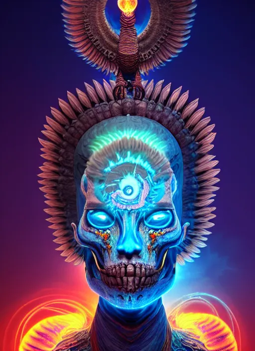 Image similar to 3 d shaman with tattoos profile portrait, sigma 5 0 0 mm f / 5. beautiful intricate highly detailed quetzalcoatl skull and feathers. bioluminescent, plasma, lava, ice, water, wind, creature, thunderstorm! artwork by tooth wu and wlop and beeple and greg rutkowski, 8 k trending on artstation,