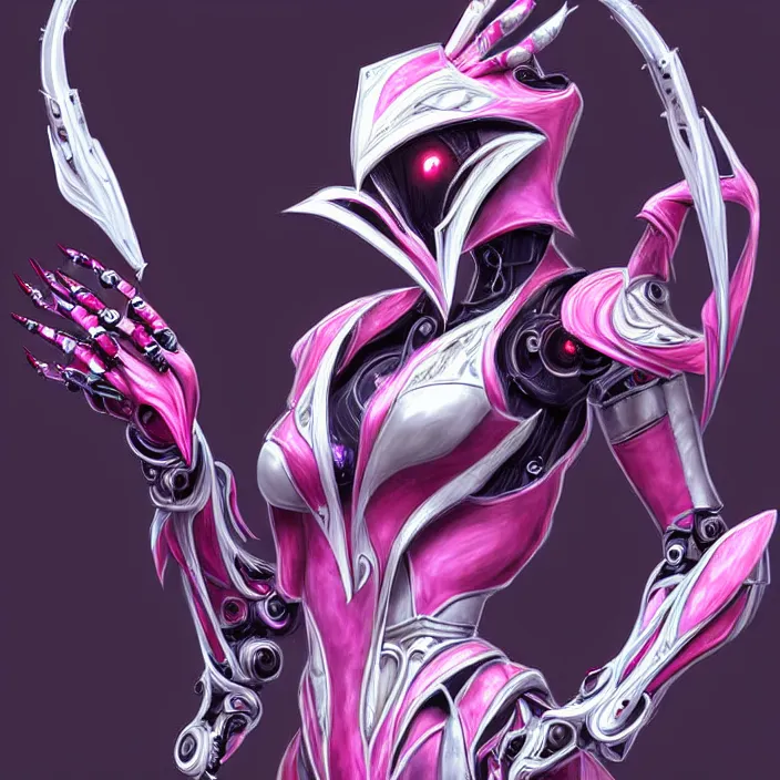 Image similar to highly detailed exquisite fanart, of a beautiful female warframe, but as an anthropomorphic robot dragon, shiny white silver armor engraved, Fuchsia skin beneath the armor, sharp claws, long tail, robot dragon hands and feet, elegant pose, close-up shot, full body and head shot, epic cinematic shot, professional digital art, high end digital art, singular, realistic, DeviantArt, artstation, Furaffinity, 8k HD render
