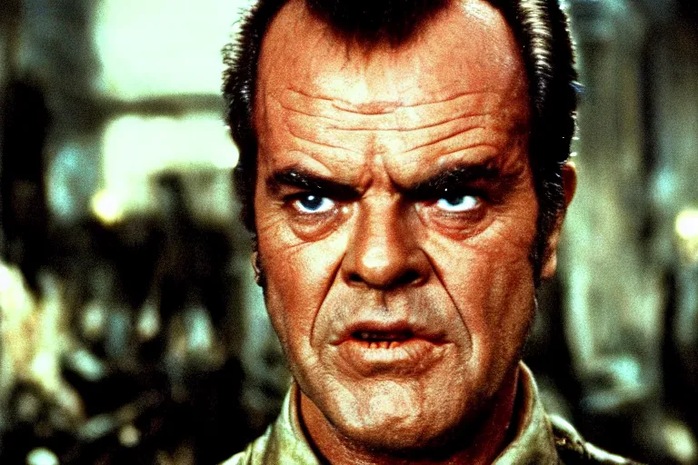 Prompt: 32 year old Jack Nicholson on blade runner 1982, movie still, face close-up, in color, detailed face, symmetrical face, 4k,