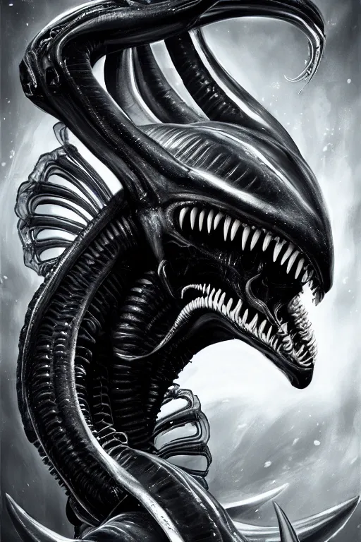 Image similar to black and white, underwater xenomorph alien mixed with sharks extra teeth, tentacles, highly detailed, digital painting, artstation, concept art, smooth, sharp focus, illustration, unreal engine 5, 8 k, art by carlos huante and greg rutkowski and alphonse mucha and ifbb pro fitness photograph