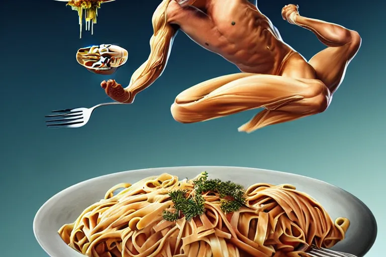 Image similar to olympic diver diving into a dish of pasta, fantasy, elegant, highly detailed, sharp focus, art by artgerm and beeple and greg rutkowski and wlop