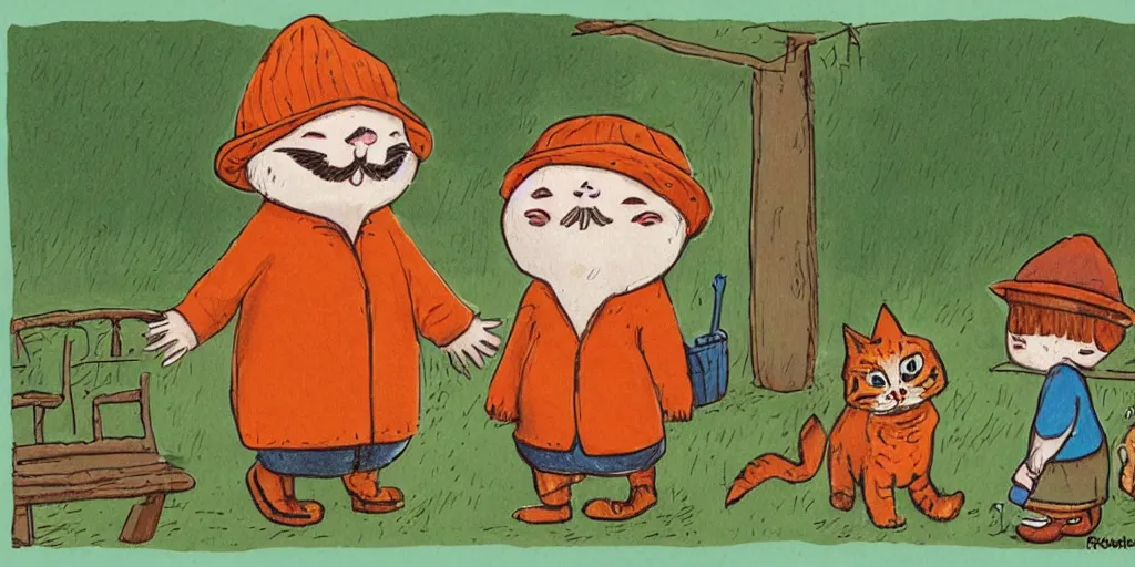 Image similar to a beard man and an orange tabby kitten standing in the rain by richard scarry