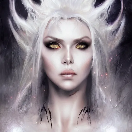 Image similar to kerli koiv as a fire queen flaming eylashes, darkwave, darksynth, concept headshot art, sharp, digital matte painting, art by luis royo, greg rutkowski, wlop, dramatic lighting, trending on artstation