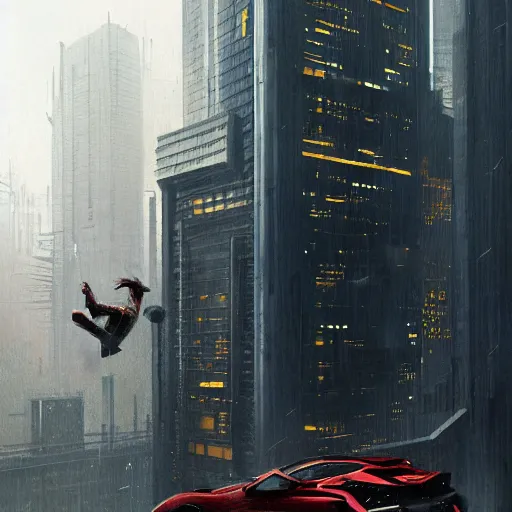 Prompt: cyberpunk man flying with his car between the skyscrapers the weather is raining by greg rutkowski