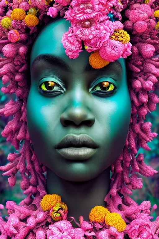 Image similar to hyperrealistic neo - rococo cinematic super expressive! yoruba goddess with exoskeleton armor, merging with tree in a forest, pink yellow flowers, highly detailed digital art masterpiece, smooth etienne sandorfi eric zener dramatic pearlescent soft teal light, ground angle hd 8 k, sharp focus