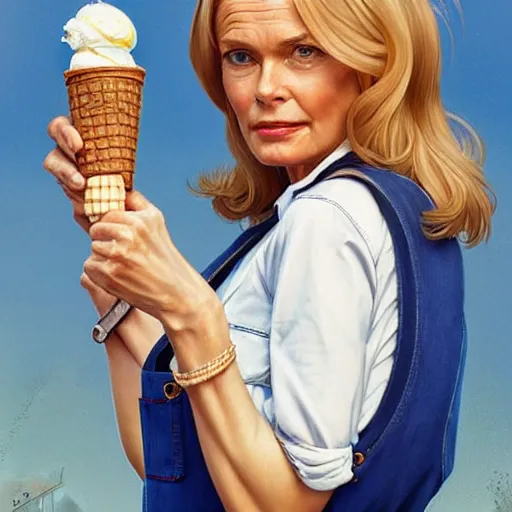 Prompt: a blonde fuller figured middle aged barbara bach from the bond film wearing blue dungarees and eating ice creams in porto, real life skin, intricate, elegant, highly detailed, artstation, concept art, smooth, sharp focus, art by artgerm and greg rutkowski and alphonse mucha