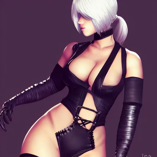 Prompt: full body portrait of 2B nier automata wearing a bikini, fantasy art by Thomas romain, safe for work, trending on artstation, artstationHD, artstationHQ